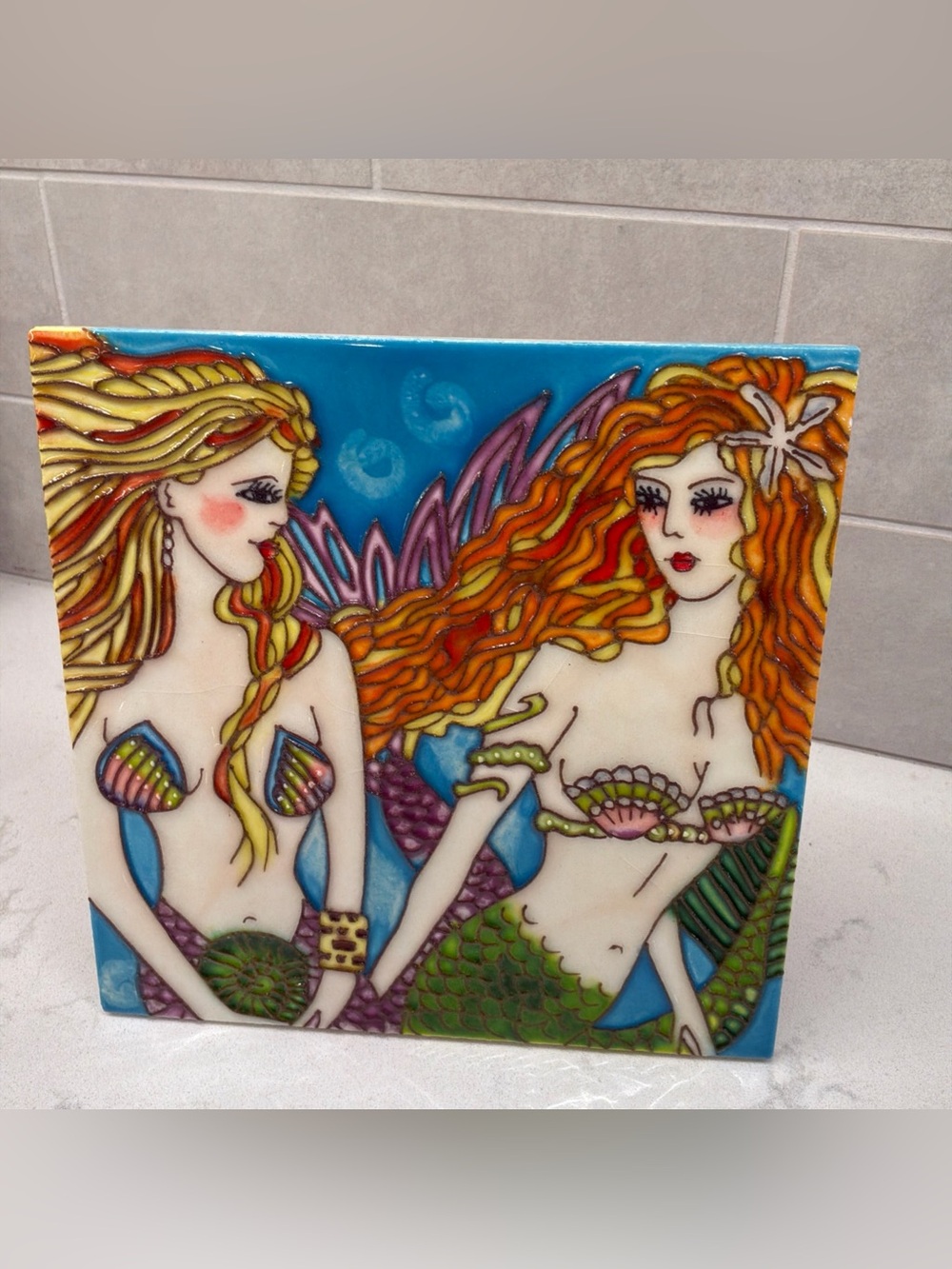 En Vogue Art on Tile Mermaid Sisters Hanging Art 8x8”
